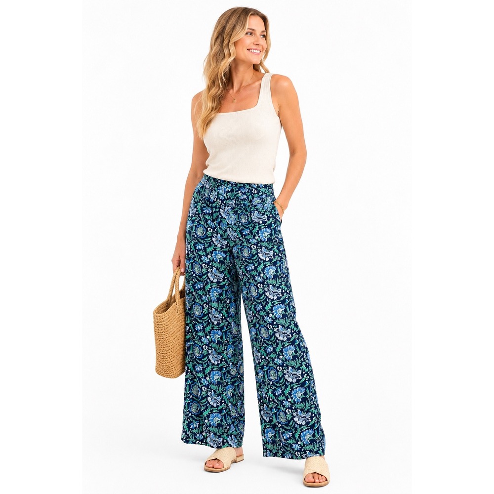 Vineyard Vines Floral Wide Leg Lounge Pants Navy Blue Green Tassel Drawstring S